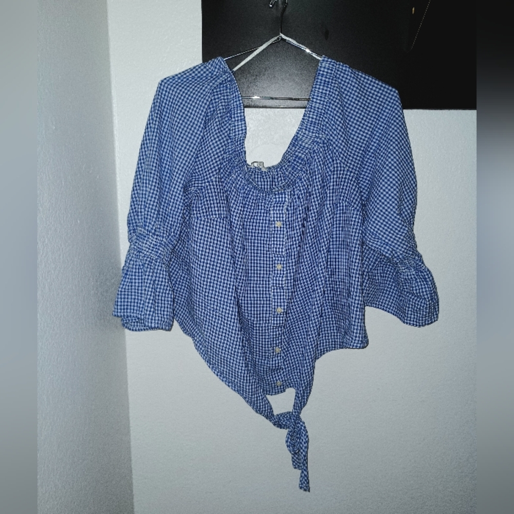 Lucky Brand Blue Gingham Front Tie 3/4 Sleeve Blouse Size 2X